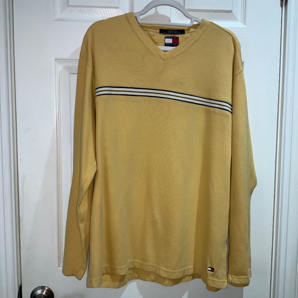 Tommy Hilfiger Vintage Yellow Knit V-Neck Cotton Sweater  Sz  L Flag Tag